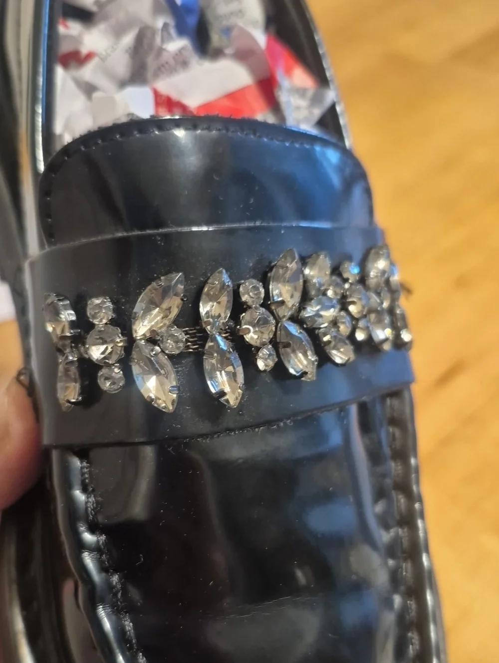 Zara Black Chuncky Platform Loafers Faux Leather & Rhinestones